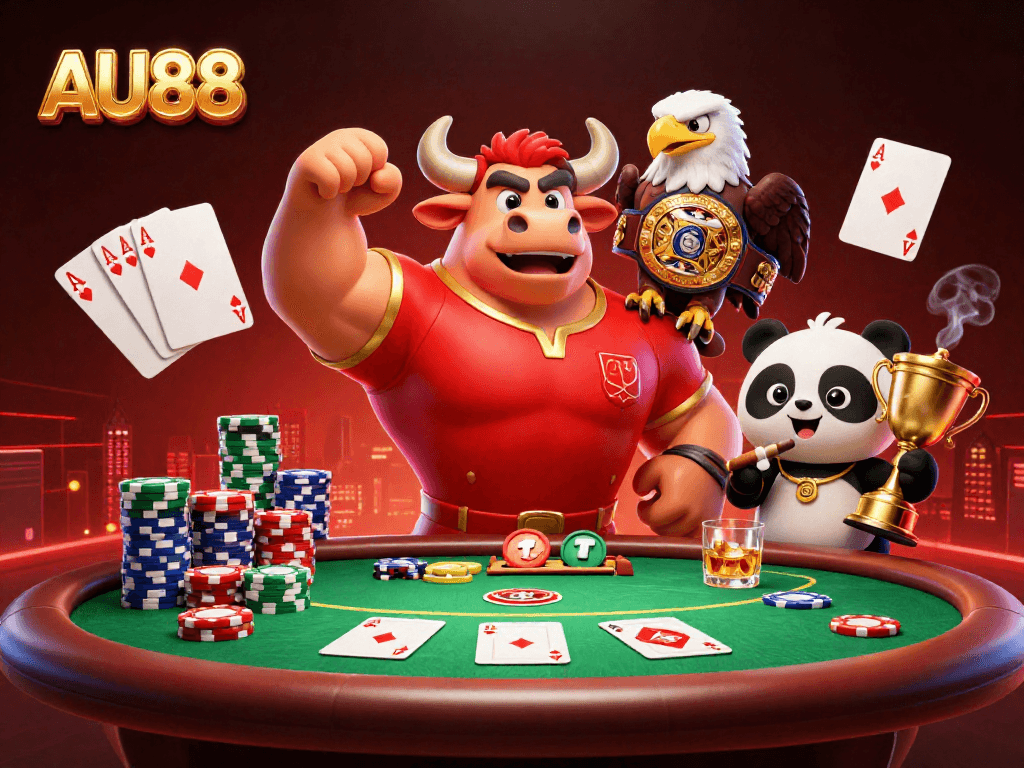 Bet on big with AU88 as a muscular bull mascot wins surrounded by colorful poker elements.
