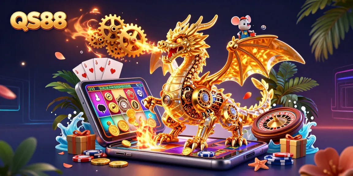 Engage in thrilling gameplay with QS88 as a golden dragon breathes treasure in a vibrant casino scene.