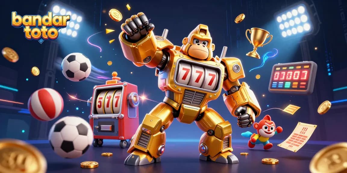 Experience the excitement of bandar toto with a golden gorilla mech amidst dynamic sports elements and glowing trophies.