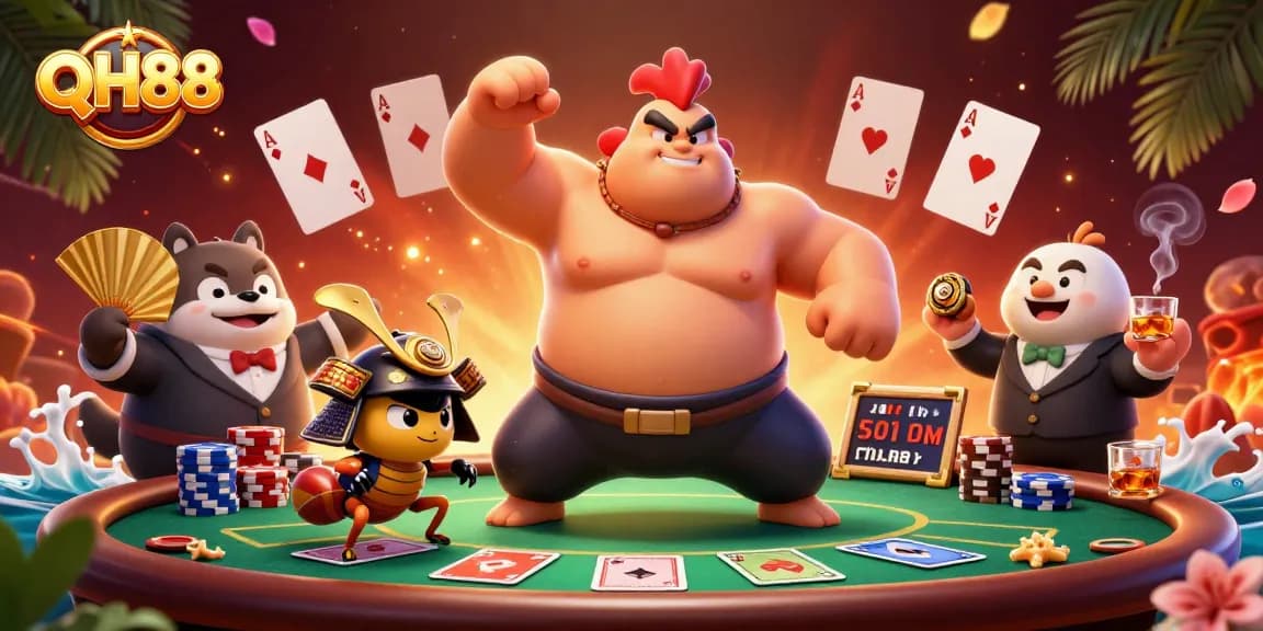 Experience excitement with dynamic QH88 gambling scene featuring sumo wrestler, samurai cricket, and an announcer.