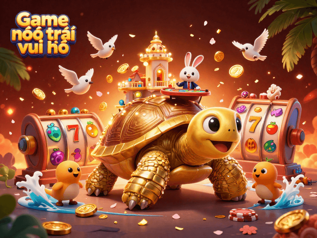 Engage in Game nông trại vui vẻ with a vibrant 3D casino scene featuring a golden tortoise and thrilling slot elements.