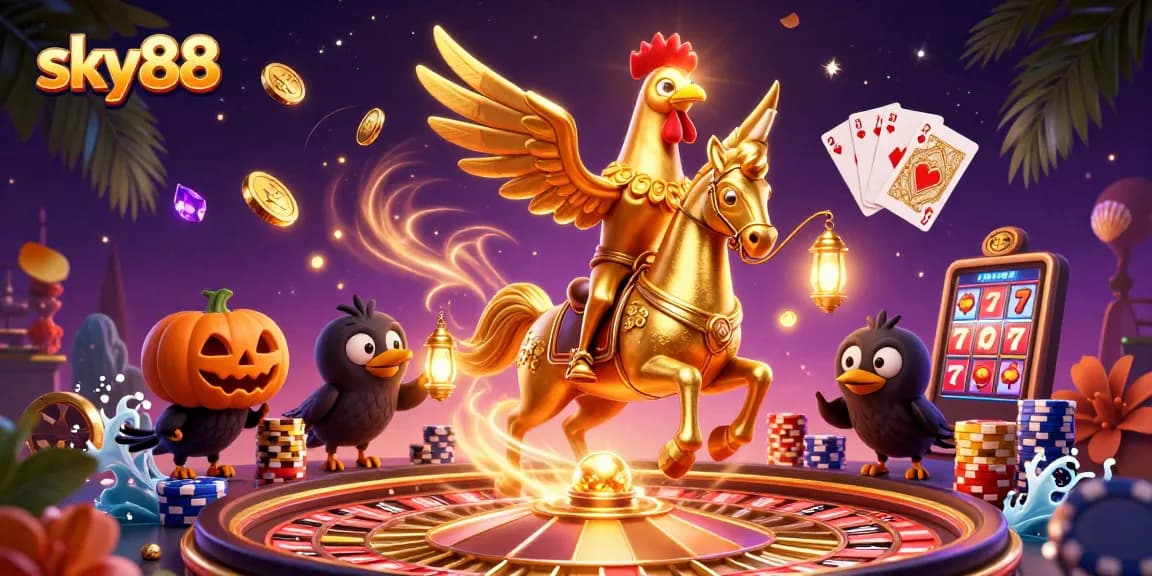 Sky88 casino scene with a golden rooster and companions, featuring vibrant games and treasures.