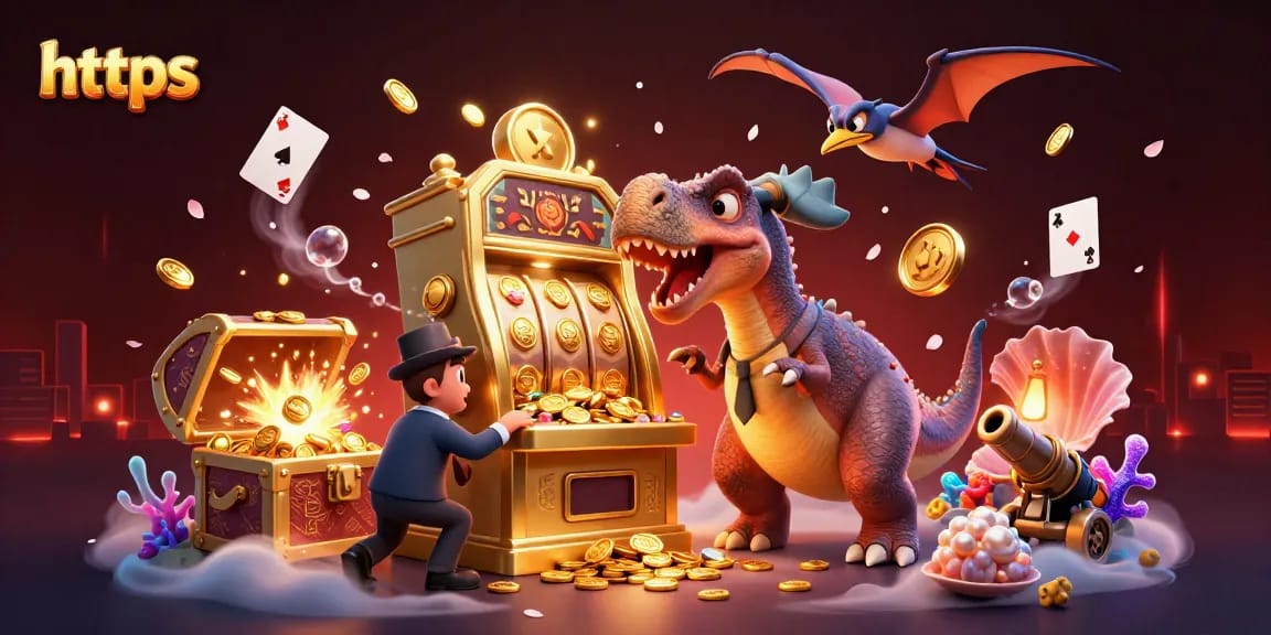 htpps delights players with a cartoon dinosaur winning jackpot coins in a vibrant casino illustration