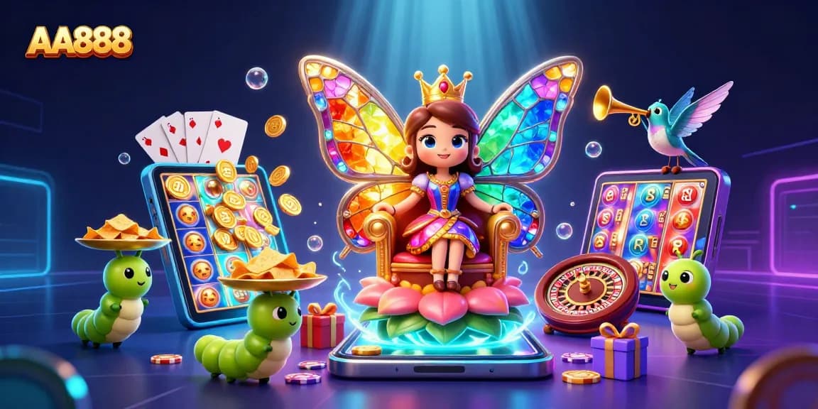 Experience the excitement of AA888 in a vibrant casino-themed illustration with characters and gaming elements.