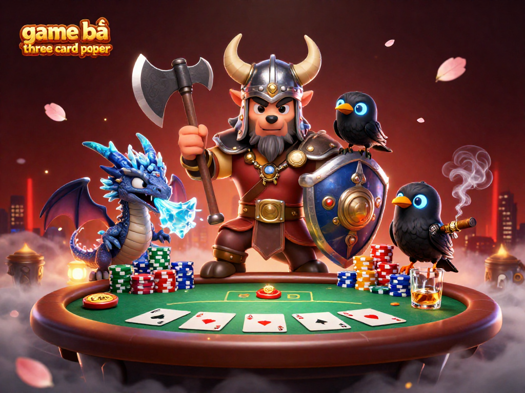 Strategically engaging scene capturing game bài three card poker with detailed characters and vibrant poker elements.