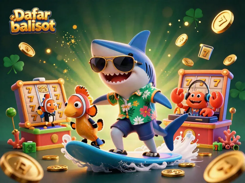 Experience thrilling gameplay with Daftar balisot as characters surf a wave of gold coins and slot reels.