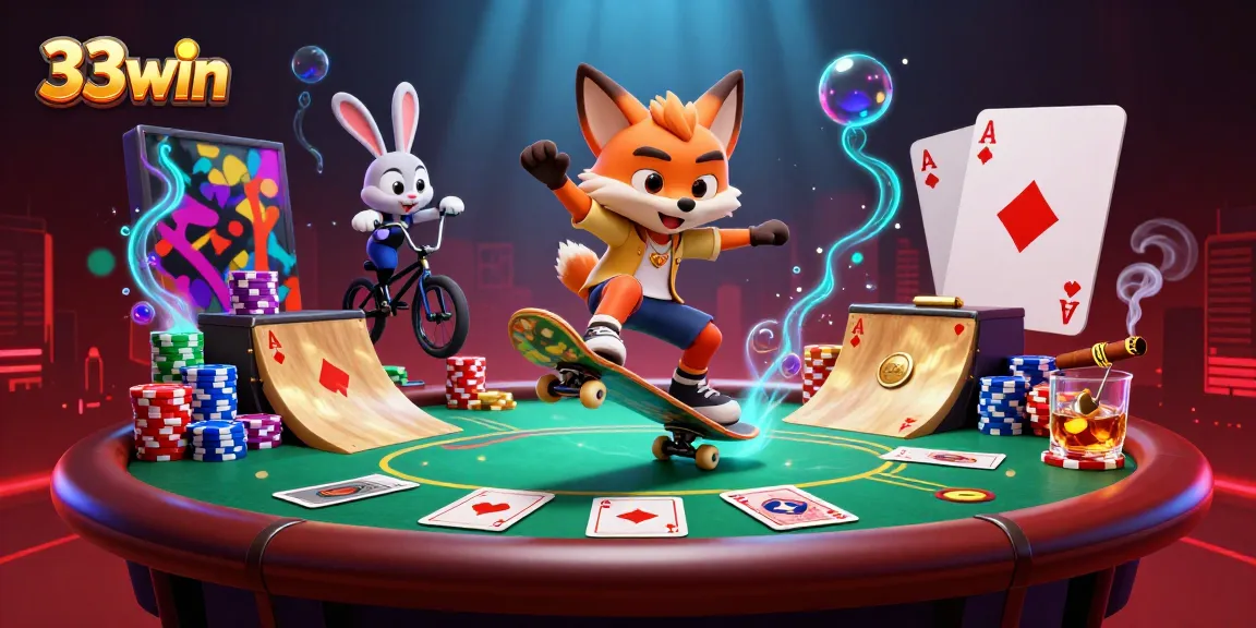 Experience thrilling gaming action with a vibrant 33win casino scene featuring a skateboarding fox and BMX rabbit.