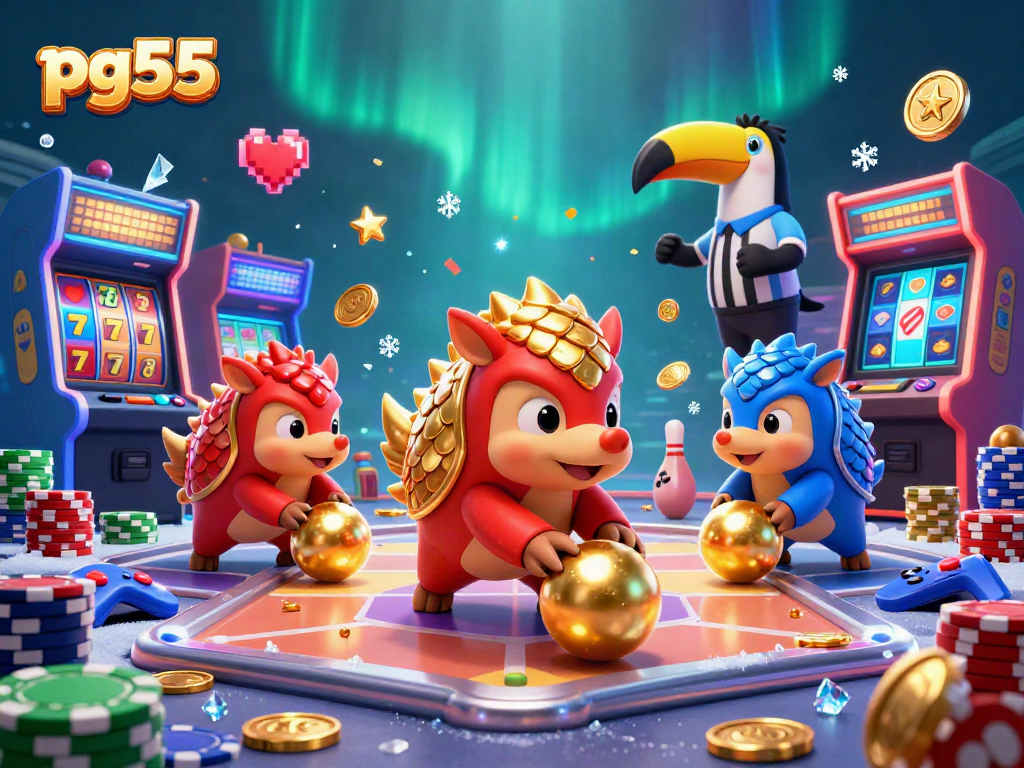 pg55 features rival pangolins competing in a colorful, vibrant casino setting with gold coins and poker elements.