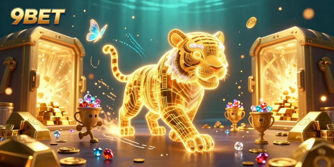Experience the thrill of 9BET with a dynamic casino scene featuring a golden tiger and riches.