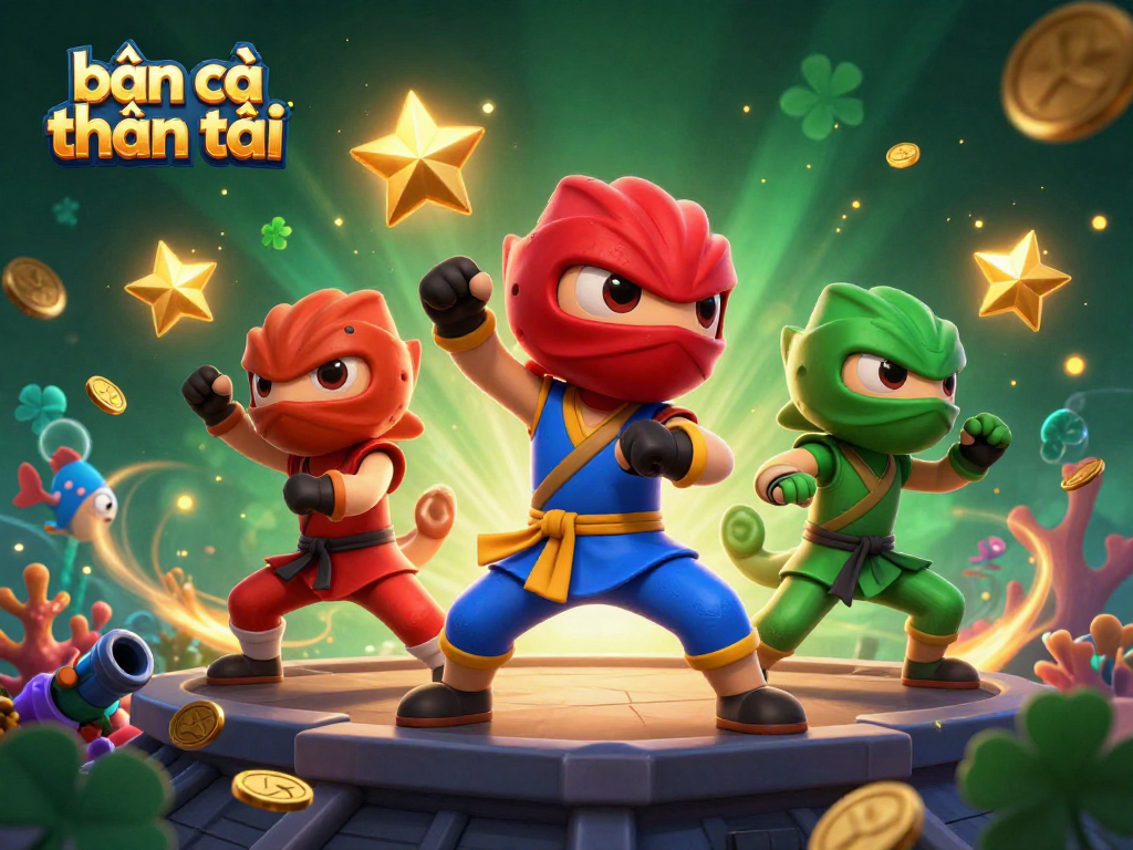 bắn cá thần tài game with ninja chameleons showcasing dynamic martial arts poses amidst underwater elements