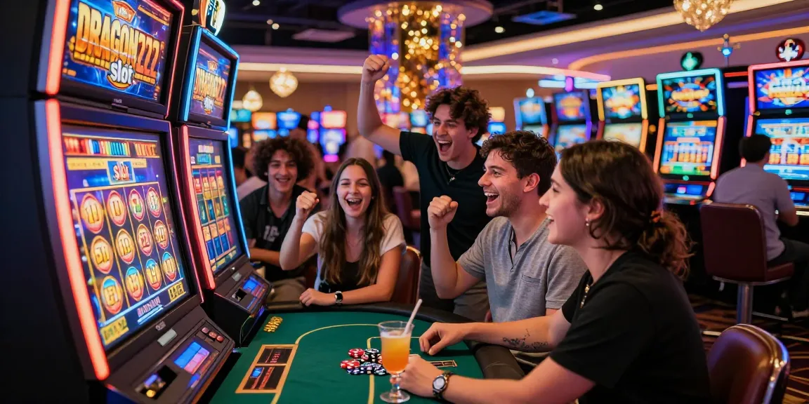 Excited group at casino playing DRAGON222 slot, vibrant atmosphere.