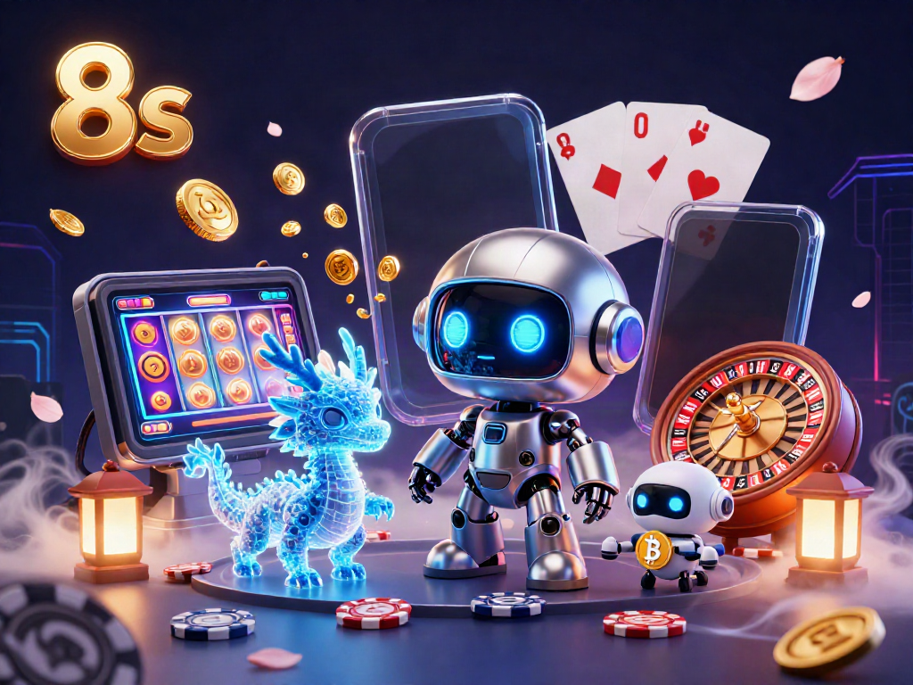 8s gaming dynamic scene with a cyberpunk robot, AI dragon, and vibrant casino elements.