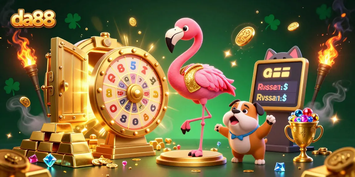 Experience the vibrant excitement of da88 as a flamingo host spins the prize wheel with gold treasures.