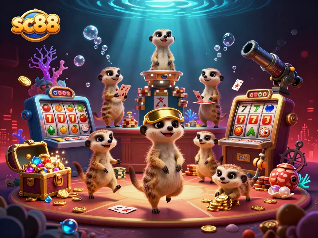 Engage with sc88 in a vibrant casino scene featuring cartoon meerkats, exciting gaming elements, and dynamic atmosphere.