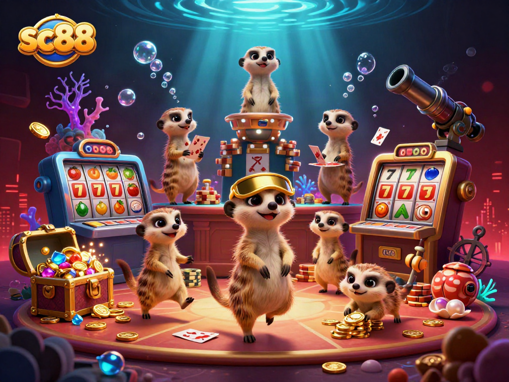 Engage with sc88 in a vibrant casino scene featuring cartoon meerkats, exciting gaming elements, and dynamic atmosphere.