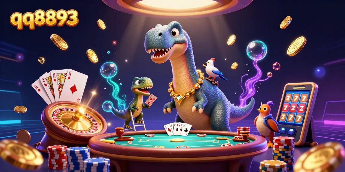 Engage in thrilling games at qq8893 featuring animated dinosaurs and vibrant casino elements.