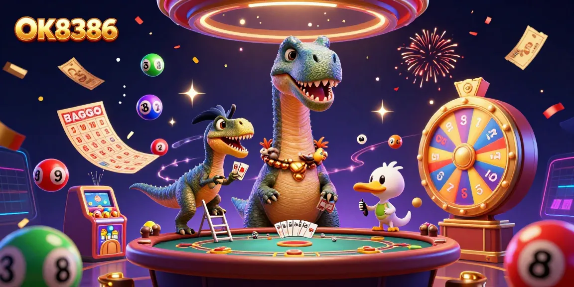 Experience the excitement of OK8386's casino world with a dynamic 3D scene featuring a brontosaurus and card dealer.