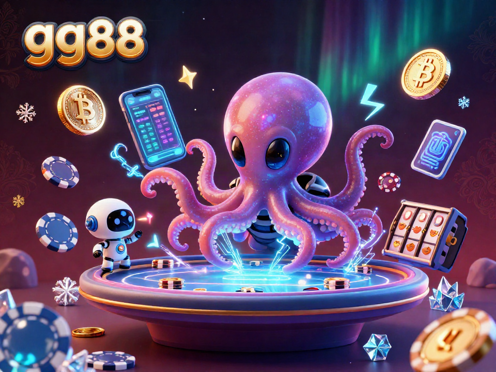 Engage with gg88’s vibrant casino scene featuring an alien octopus at a holographic poker table.