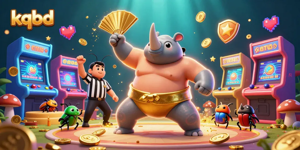 KQBD updates real-time sports betting results with a cartoon rhinoceros beetle champ amidst flying gold coins