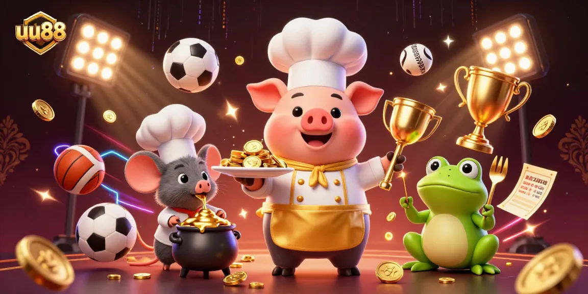 uu88 presents a vibrant scene with chef pig, mouse, and frog amidst sports betting action.