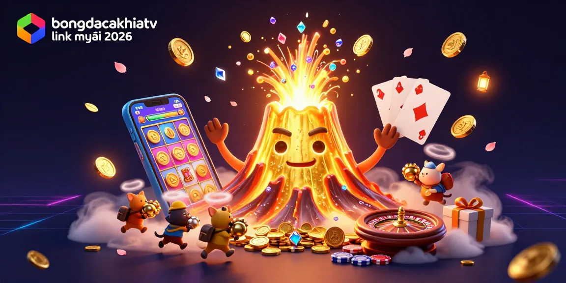 Experience the thrill of gambling with the vibrant scene of bongdacakhiatv link mới 2026 showcasing a golden volcano and treasure.