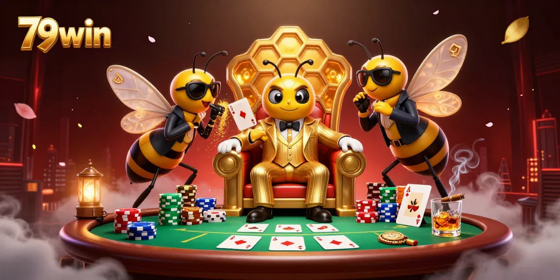 Engage in thrilling poker strategies with 79win's exciting casino scene featuring cartoon characters.