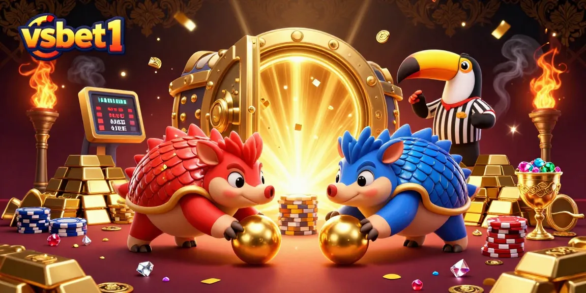 Experience thrilling gameplay with vsbet1 featuring rival pangolins amidst golden treasures and poker chips.