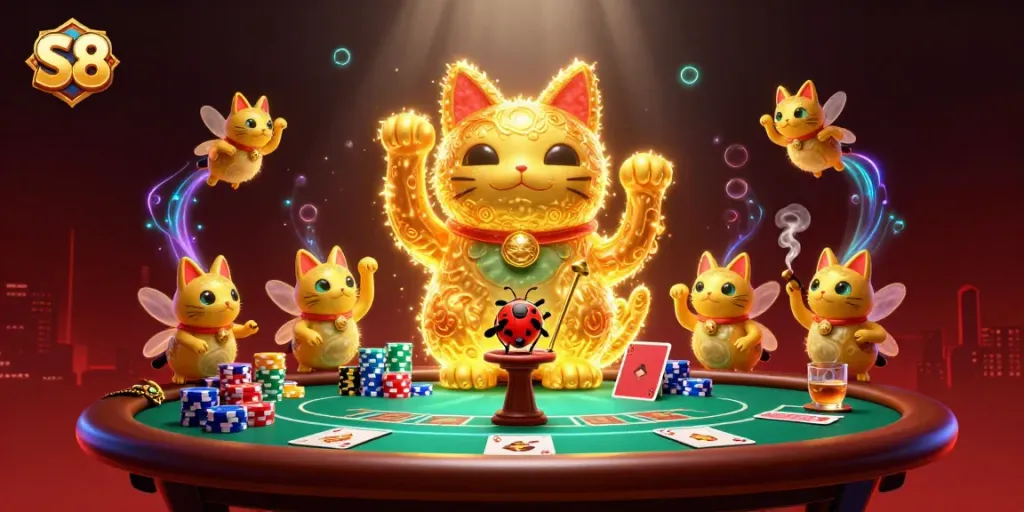 Engage with the excitement of S8 gaming as golden fireflies form a lucky cat at a vibrant poker scene.