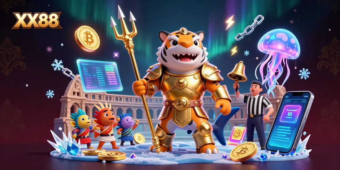 Experience the thrill of XX88 with a lively 3D underwater gambling scene featuring a tiger shark in gladiator armor.