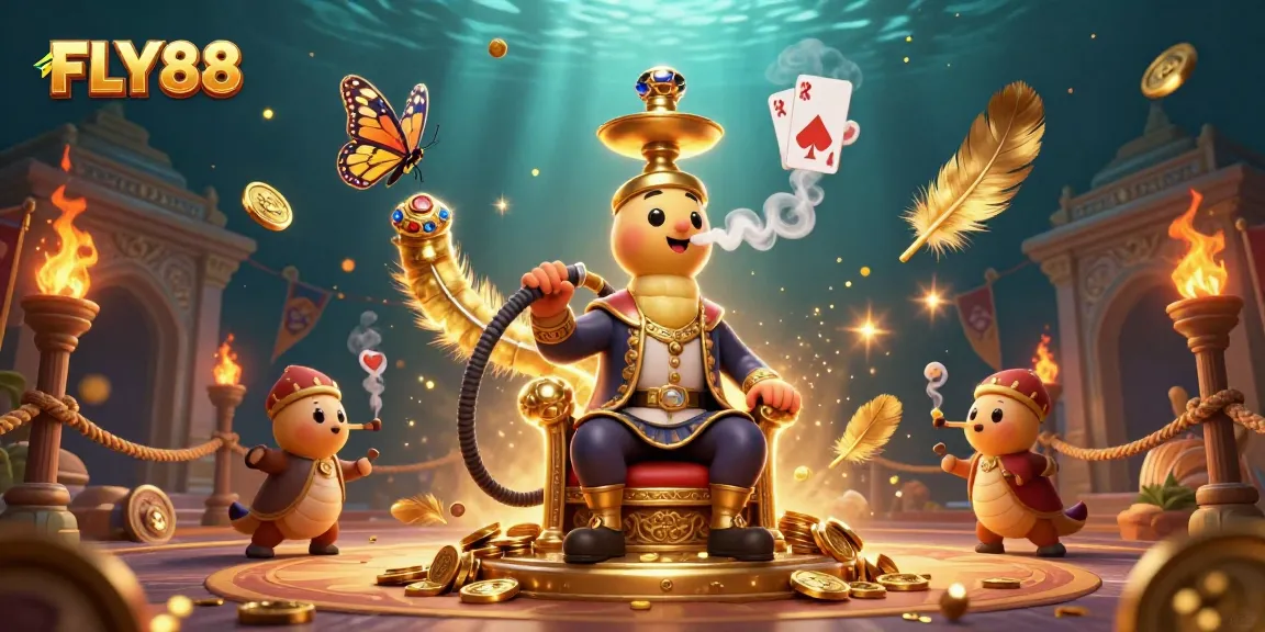 Engage with FLY88, the captivating online casino experience featuring an enchanting caterpillar master amidst golden tokens and poker symbols.