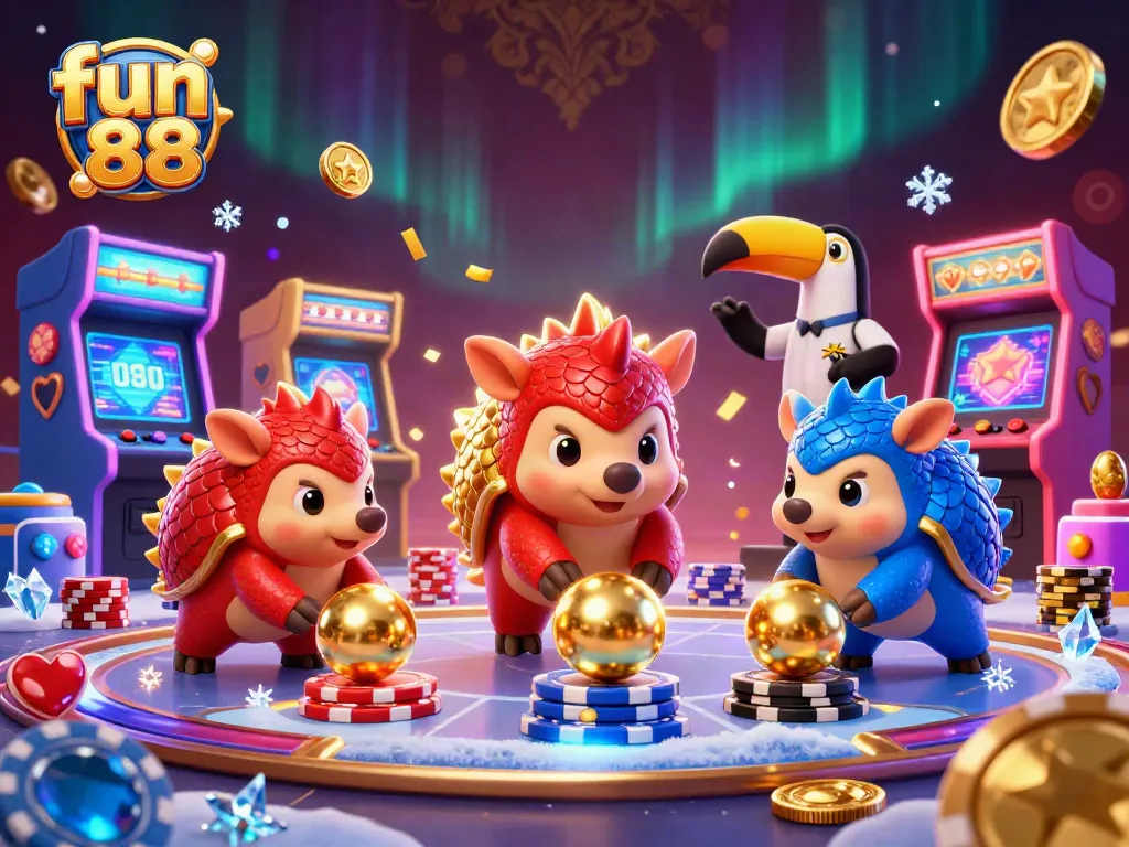 Experience fun 88 animated action with rival pangolins in a vibrant casino-themed illustration.