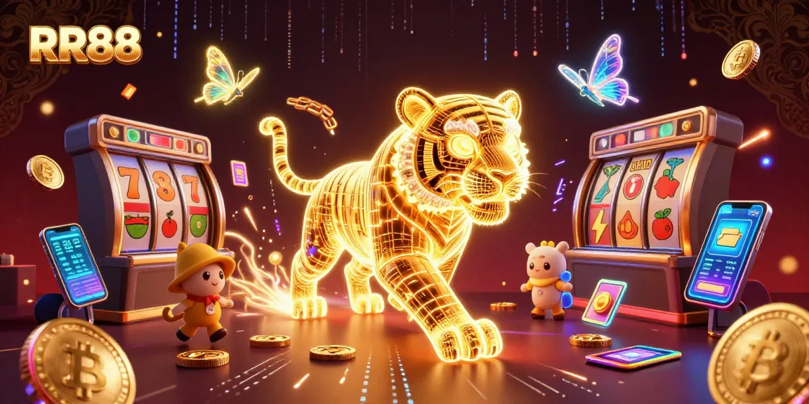 Experience RR88 with the neon-wireframe tiger and jackpot symbols illuminating the digital casino.
