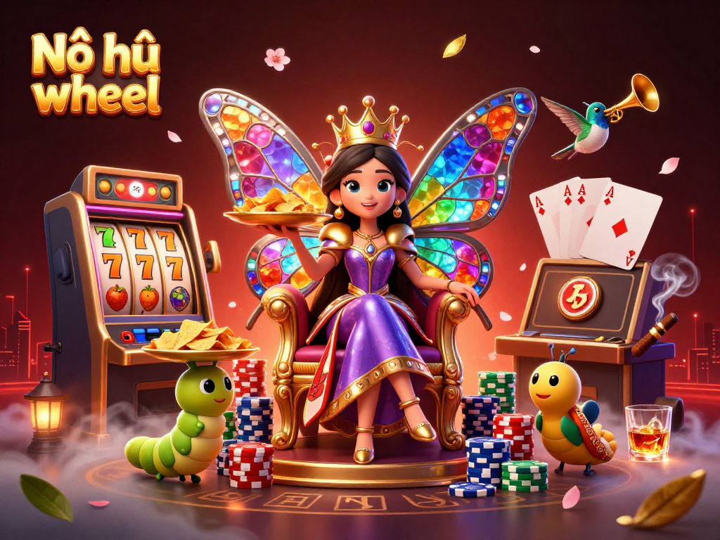 Nổ hũ wheel brings excitement to players with colorful slot reels and vibrant casino elements.