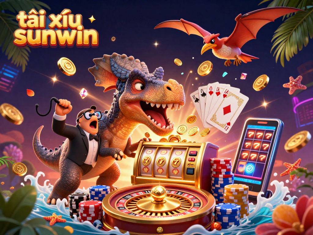 Experience the thrill of tài xỉu sunwin as a dinosaur celebrates a jackpot win amidst flying coins.