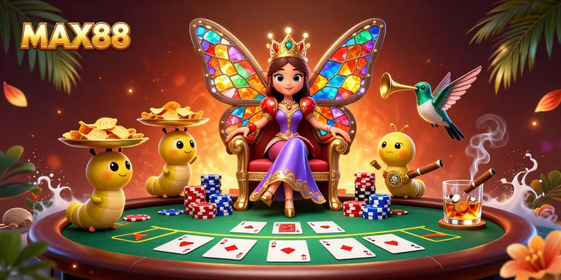 Engage with MAX88 at a vibrant casino table featuring a butterfly queen and poker chips.