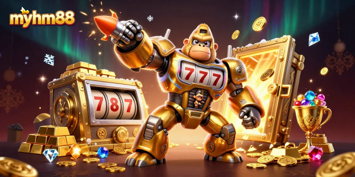 Watch myhm88's 3D golden gorilla mech triumphantly bursting through coins in a vibrant casino scene.