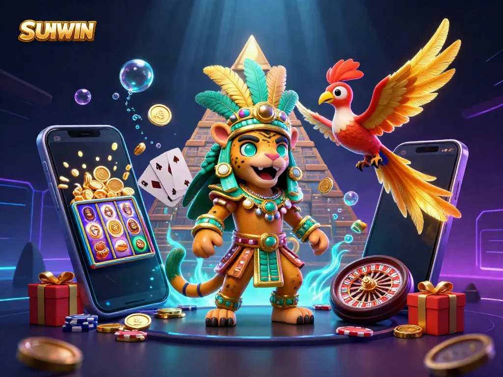 Engage in exciting slot gameplay with SUNWIN's vibrant 3D casino illustration featuring a Mayan priest and quetzal bird.