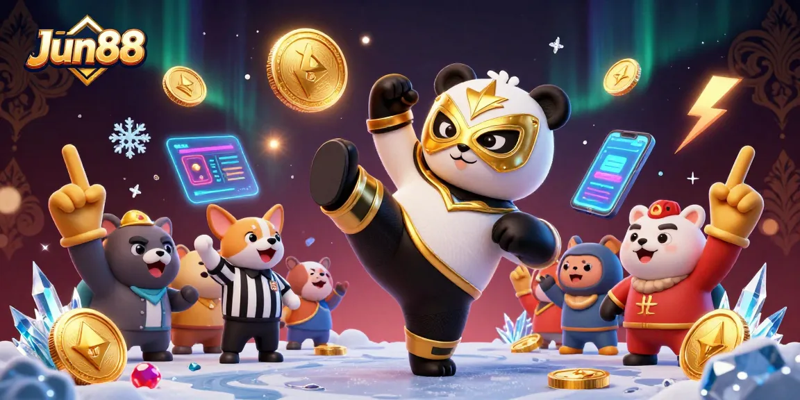 Experience exhilarating action at Jun88 with a panda wrestler kicking and a chihuahua referee amidst vibrant casino scenes.
