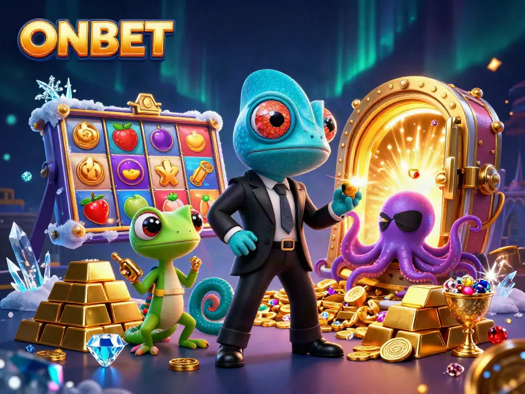 Engaging ONBET casino illustration with a secret agent chameleon, golden slot reels, and treasure vaults