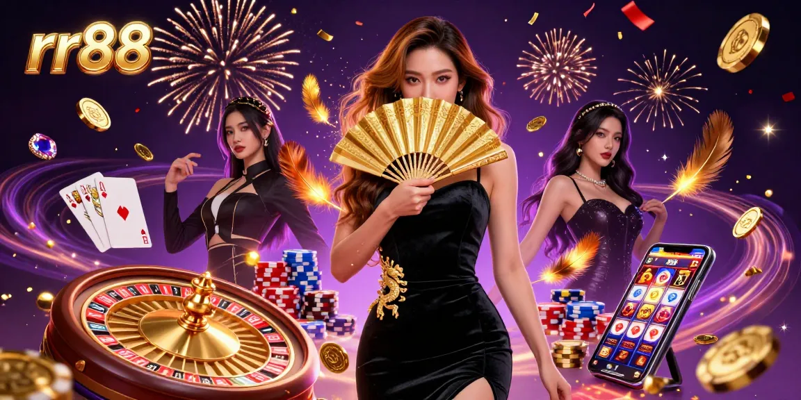 Spin and win with rr88 at this vibrant online casino scene featuring golden coins and a roulette wheel.