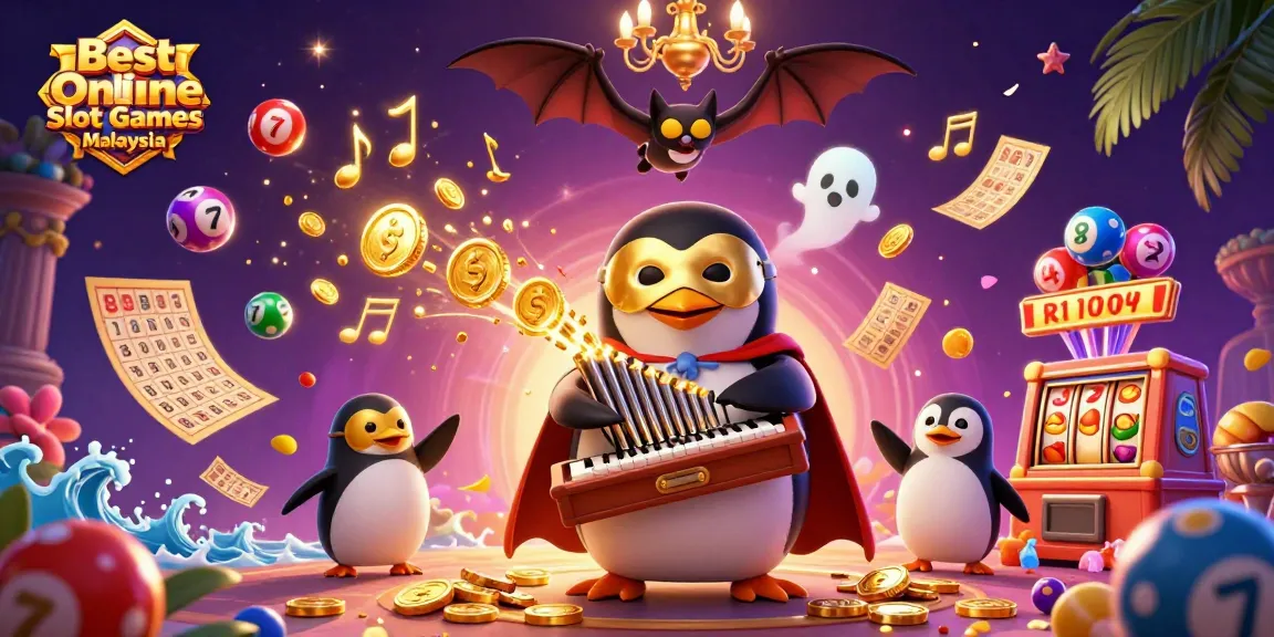 Play the Best Online Slot Games Malaysia with vibrant slot reels and golden coins raining down.