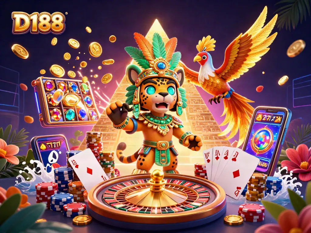 D188 casino scene depicting a Mayan jaguar priest alongside a quetzal bird, surrounded by casino elements and symbols.
