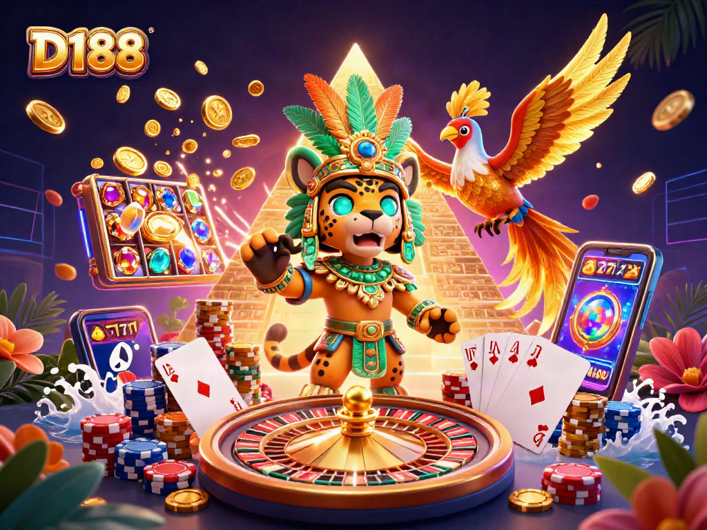 D188 casino scene depicting a Mayan jaguar priest alongside a quetzal bird, surrounded by casino elements and symbols.