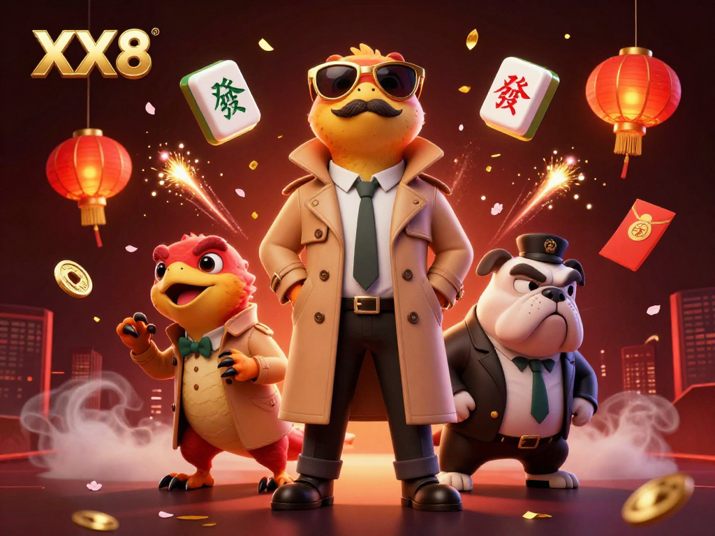 Players engage in vibrant XX8 casino atmosphere with cartoon raptors at a VIP lounge.