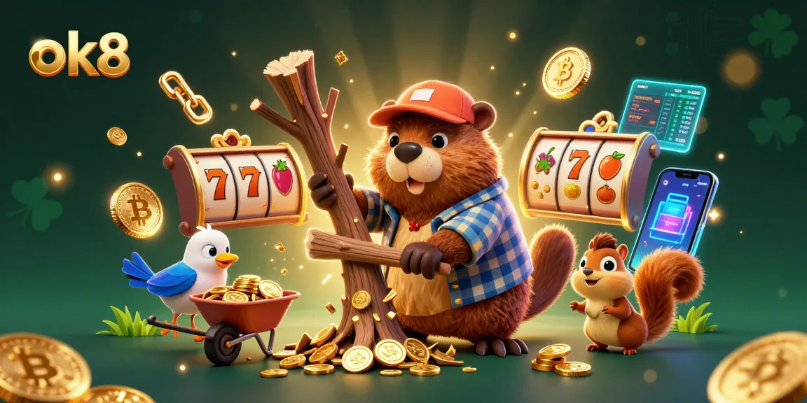 Join the ok8 adventure with a cartoon beaver at a dynamic online casino, collecting golden coins.