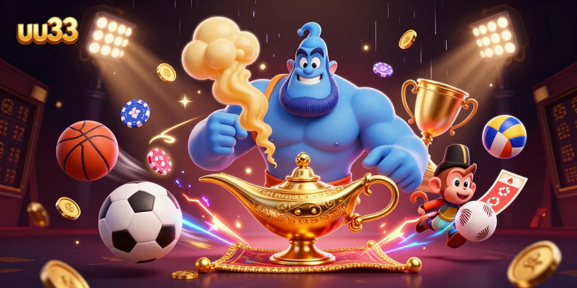 uu33 sports betting scene with a genie, monkey, and poker chips flying