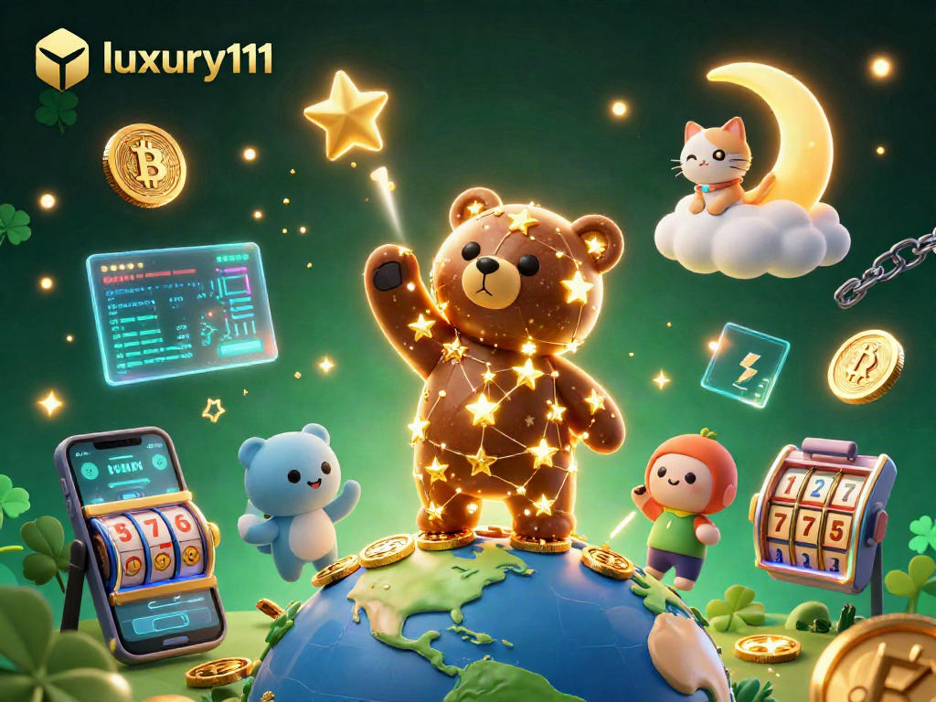 Experience thrilling casino excitement with luxury111 featuring a golden constellation bear scooping coins amidst vibrant 3D gambling elements.