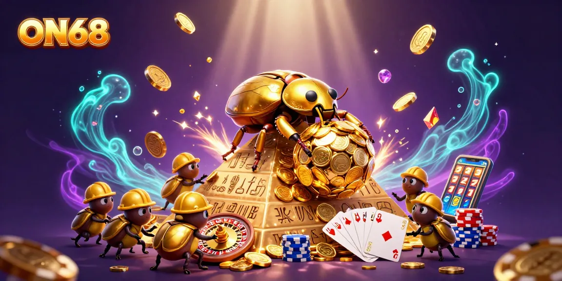 Experience excitement with ON68 as cartoon beetles roll golden coins up a casino pyramid.