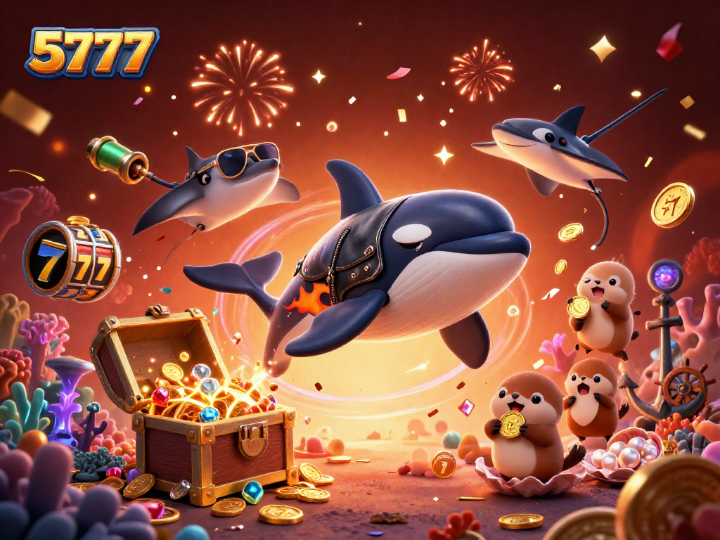 Engage with thrilling games at 5777, featuring a cartoon orca, stingray, and otters amidst vibrant casino elements.