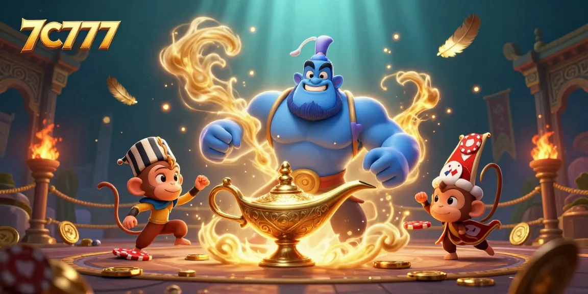 Experience the excitement of 7C777 Casino with a rich 3D illustration featuring a genie, poker chips, and dynamic casino elements.